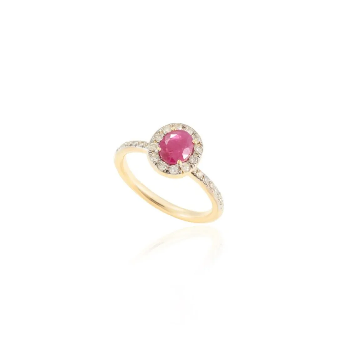 14K Gold Oval Ruby and Halo Diamond Ring