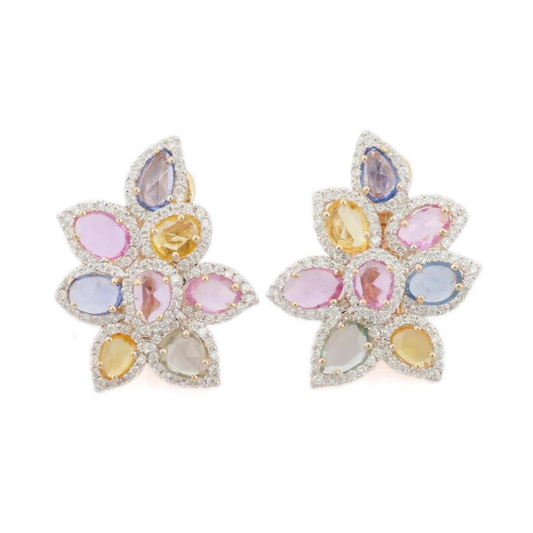 14K Yellow Gold Floral Multi Sapphire Diamond Earrings