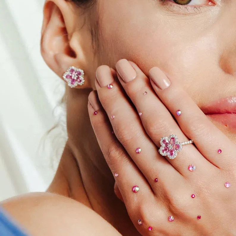 18K Gold Pink Sapphire Cherry Blossom Flower Ring