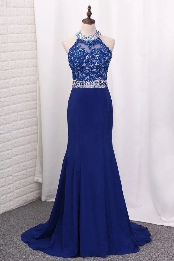 2024 Prom Dresses Mermaid Scoop Chiffon With Applique P68XTJNP