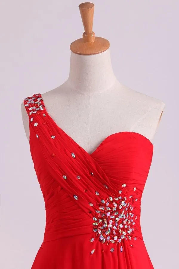 2024 Red One Shoulder A Line Prom Dresses Chiffon Floor Length With Beading P1JRQC1Q