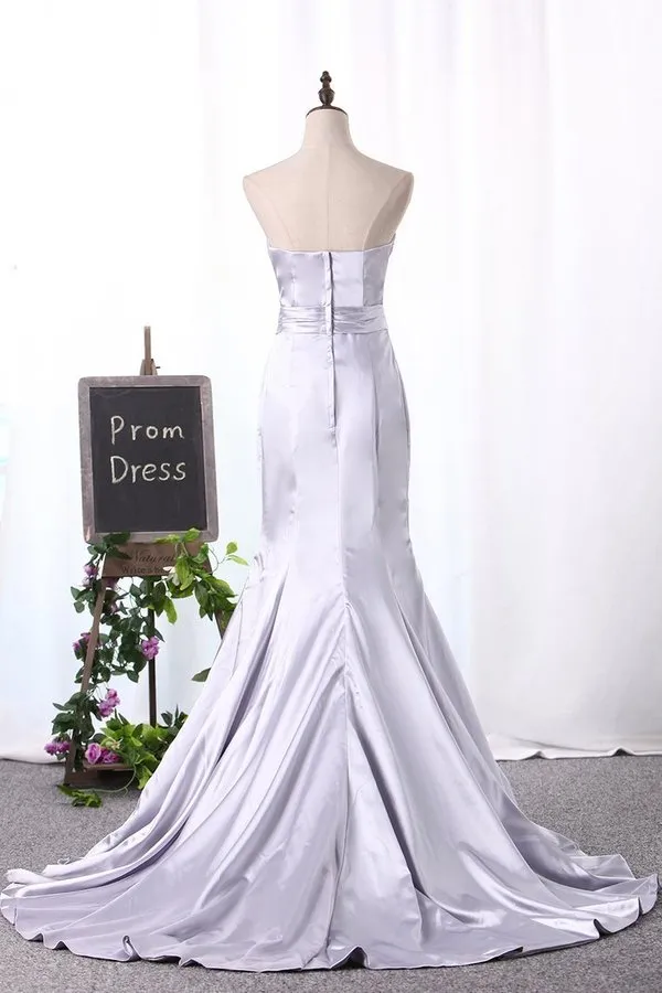 2024 Sexy Mermaid Elastic Satin Silver Prom Dresses Sweetheart Zipper P5EFRLHA