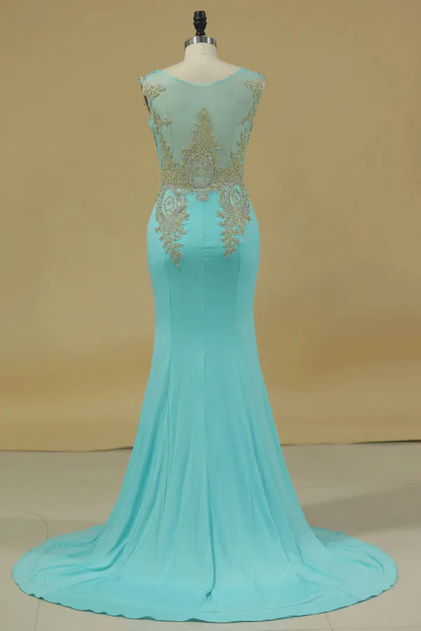 2024 Spandex Scoop Mermaid Prom Dresses With Applique Sleeveless PFR89TLC