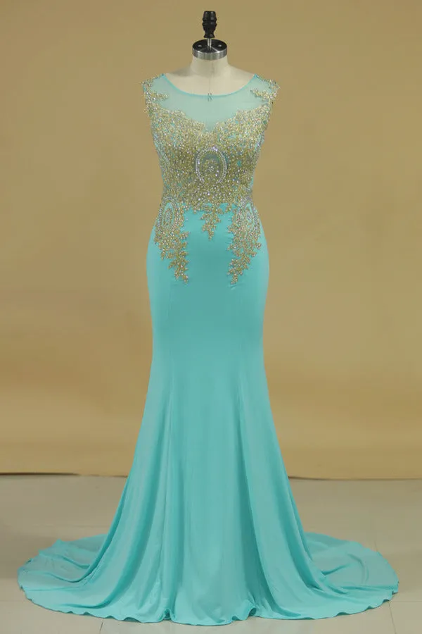 2024 Spandex Scoop Mermaid Prom Dresses With Applique Sleeveless PFR89TLC