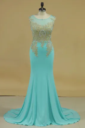 2024 Spandex Scoop Mermaid Prom Dresses With Applique Sleeveless PFR89TLC