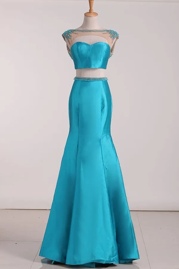 2024 Two Pieces Prom Dresses Satin With Beading P29XBRGF