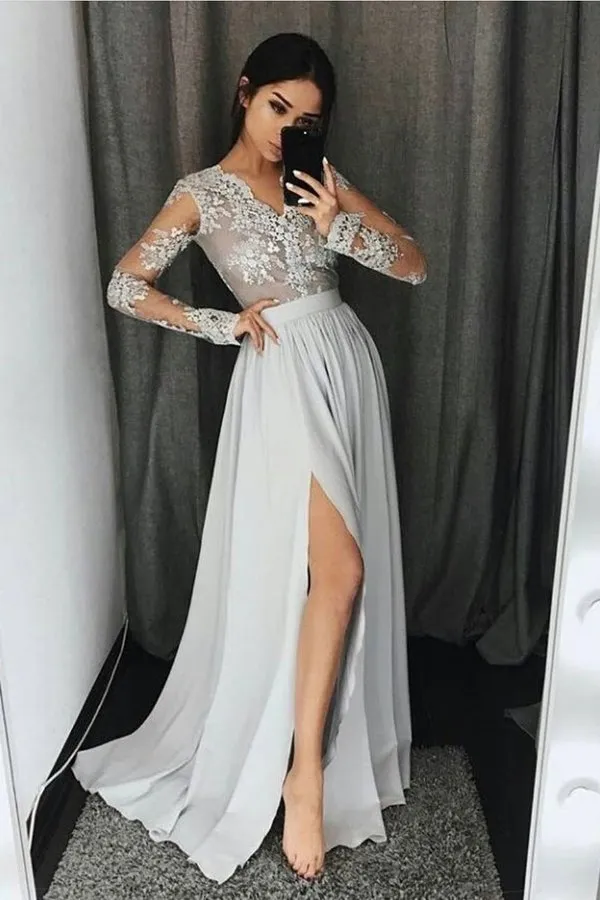 2024 V Neck Long Sleeves Prom Dresses A Line With Applique P254KNLQ