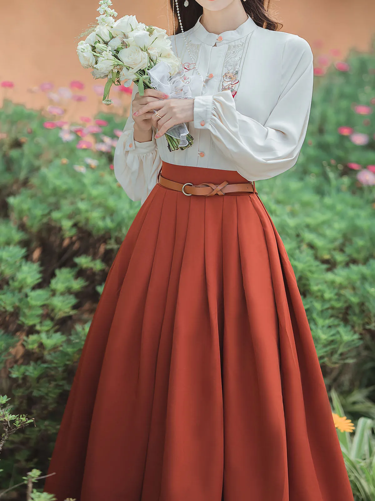 2PS 1950S White Cat Embroidered Long Sleeve Shirt And Orange Swing Skirt Suit