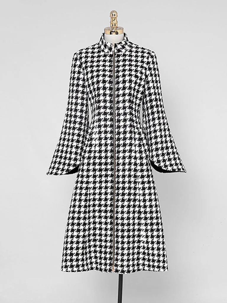 2PS Stand Collar Flared Sleeve  Houndstooth Wool Coat With Retrievable Cape