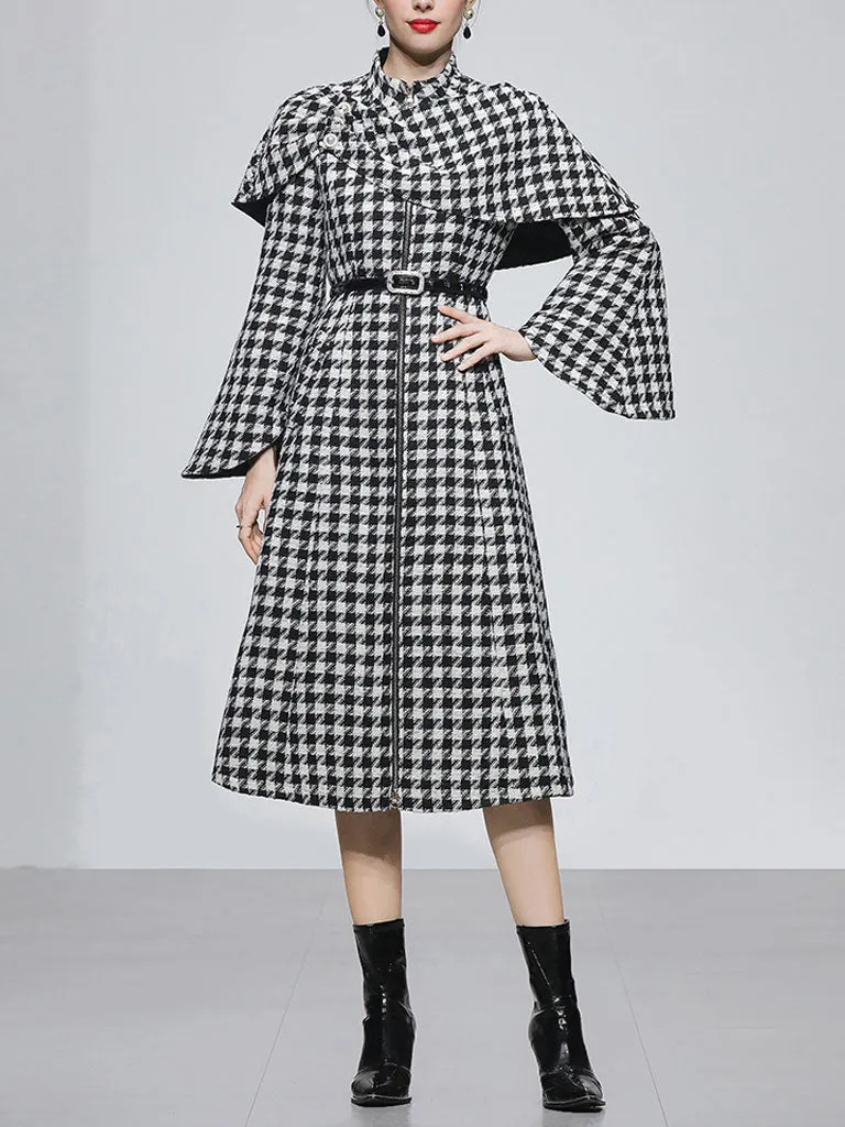 2PS Stand Collar Flared Sleeve  Houndstooth Wool Coat With Retrievable Cape