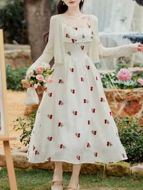 2PS White Cherry Print Spaghetti Strap Dress With White Shawl Dress Suit