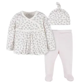 3-Piece Baby Girls Comfy Stretch Floral Leopard Long Sleeve Shirt, Footed Pant, & Cap Set