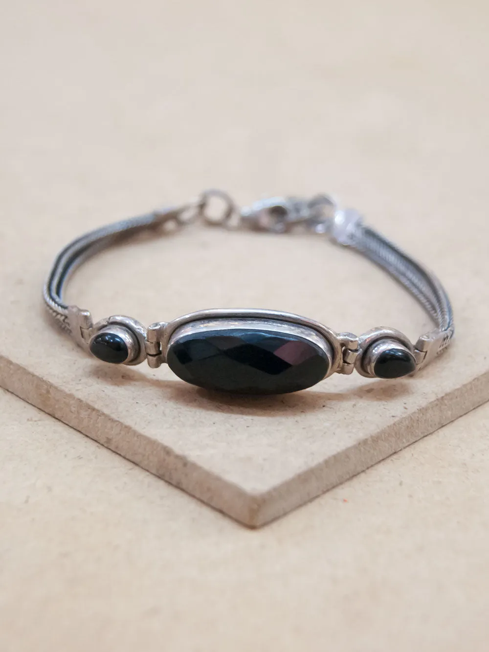 3 Stone  Oval Black Onyx Silver Bracelet