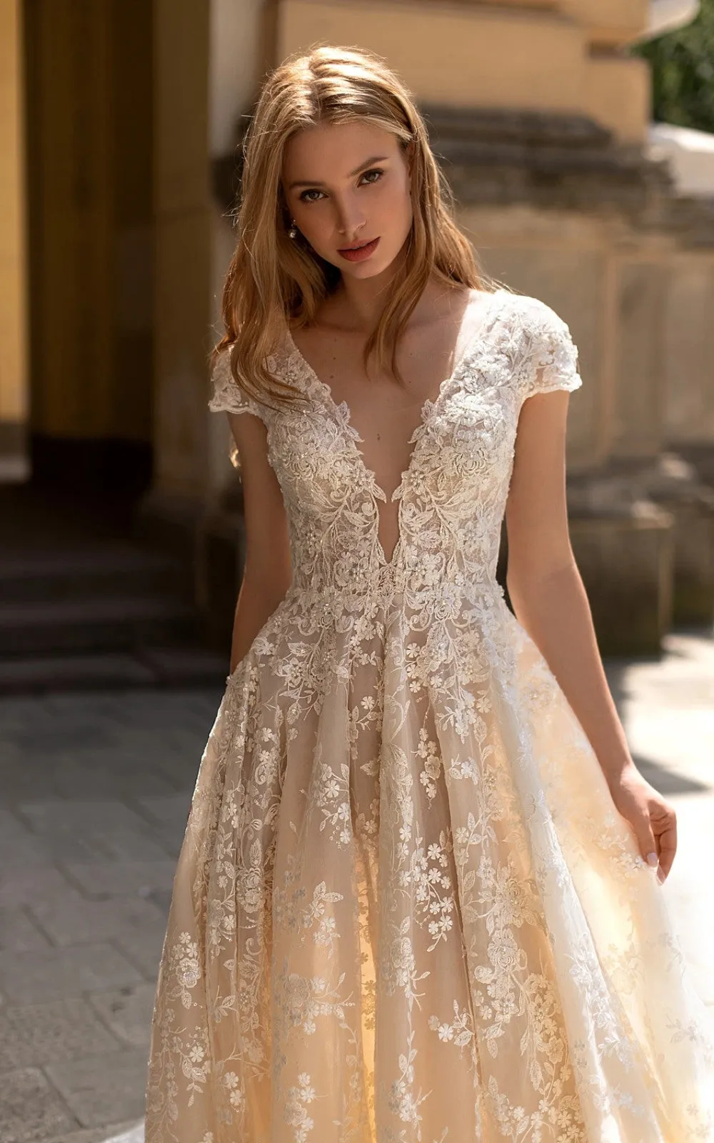 A-Line Lace Wedding Dress with Romantic Plunging Neckline and Zipper Back-716676