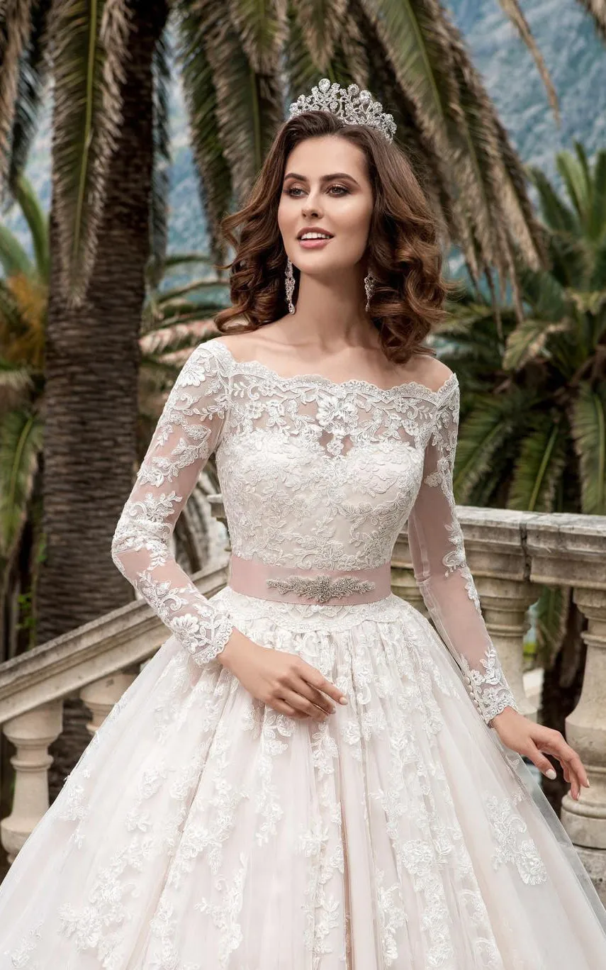 A-Line Mini Off-The-Shoulder Long Sleeve Bell Pleats Beading Appliques Court Train Button Lace Dress-713753