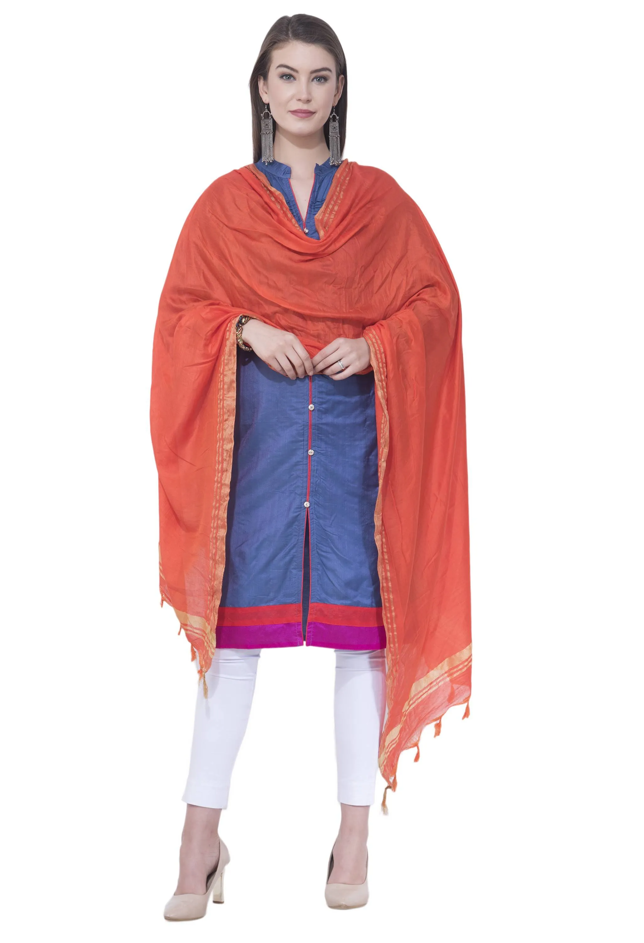 A R SILK Orange Color Golden border Cotton Dupattas and Chunnis