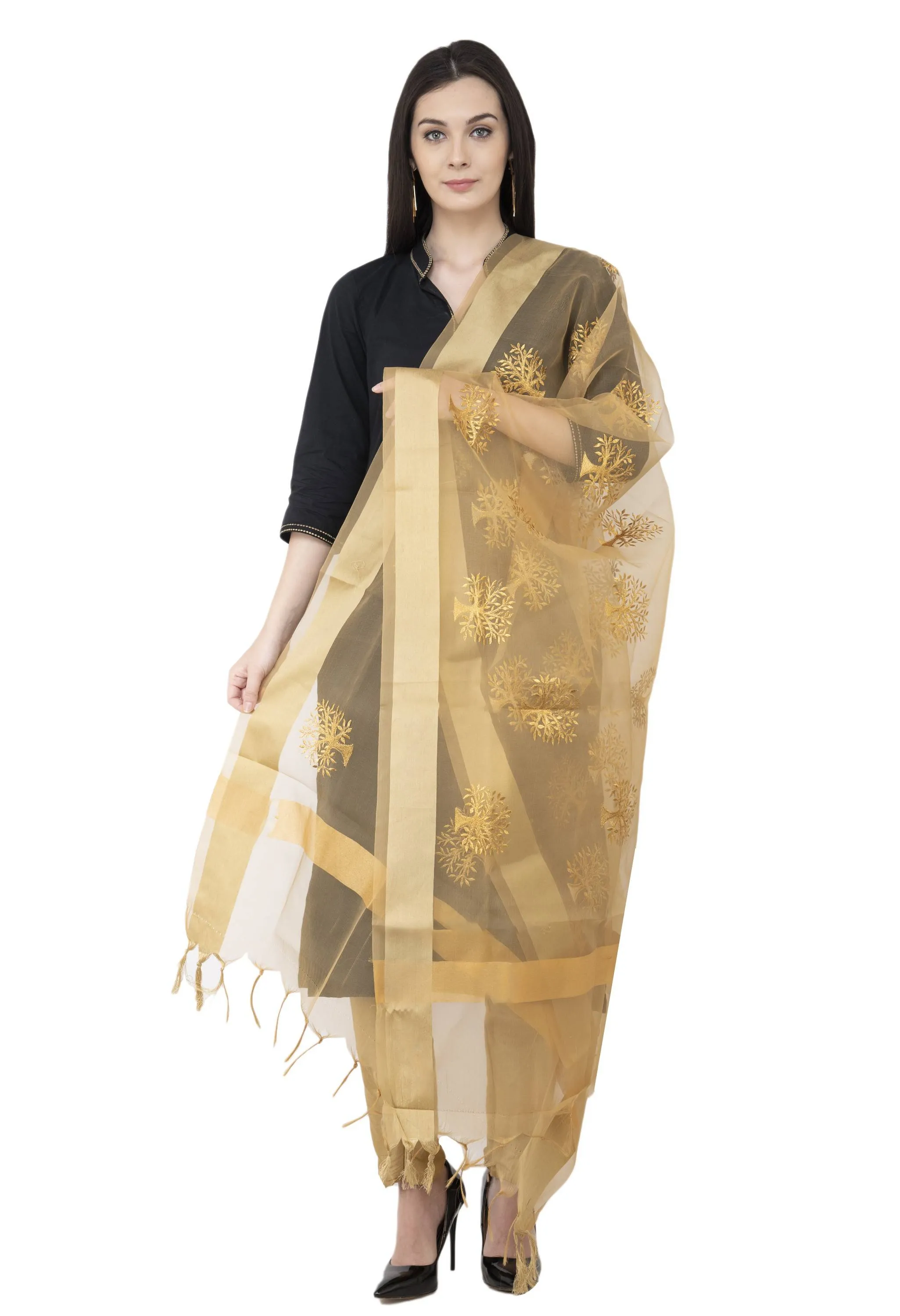 A R SILK Tissue Zari Embroidery Golden Zari Embroidery Golden Color Dupatta or Chunni