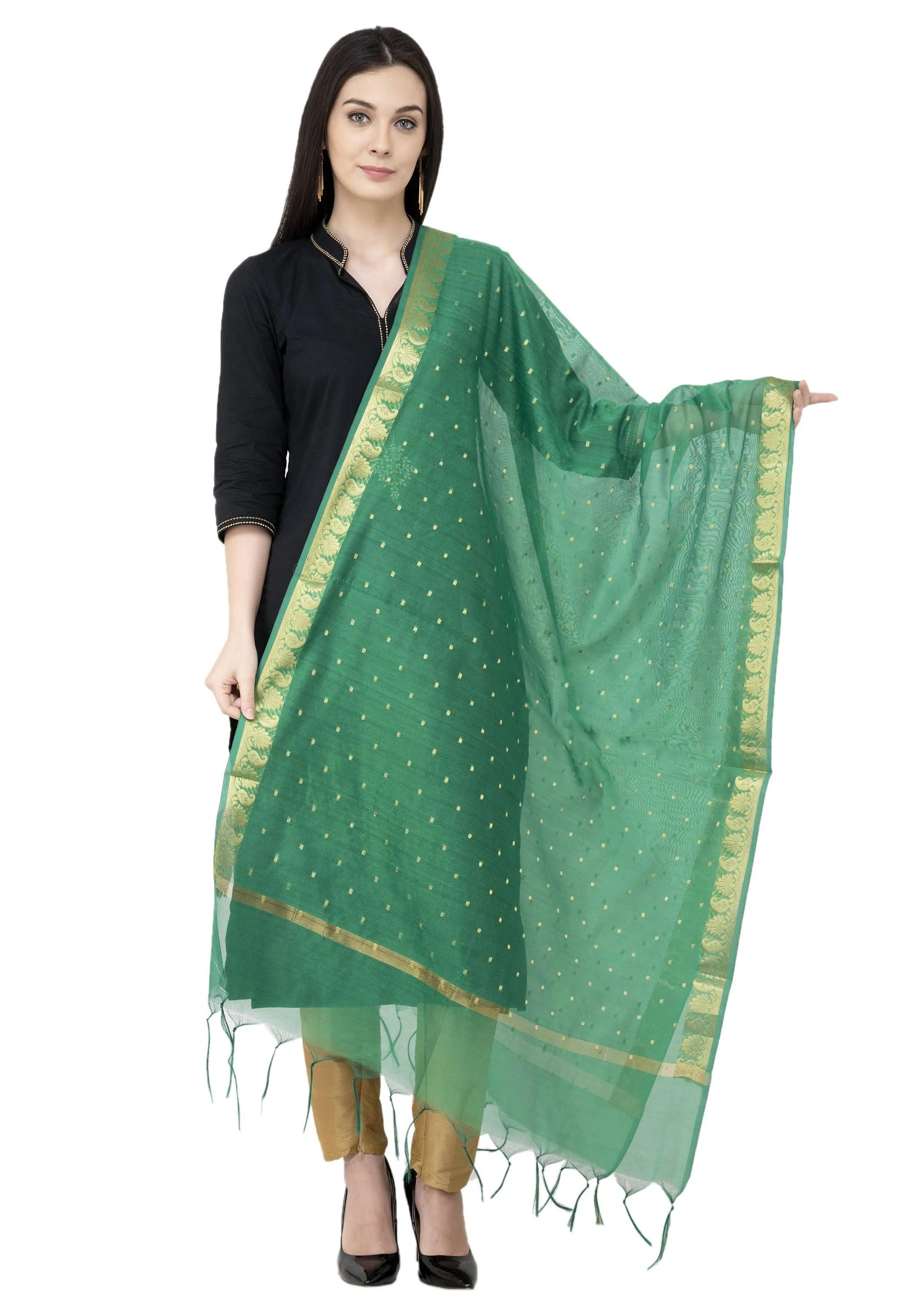 A R SILK VNS Border Buti Fancy Dupatta Green Color Dupatta or Chunni