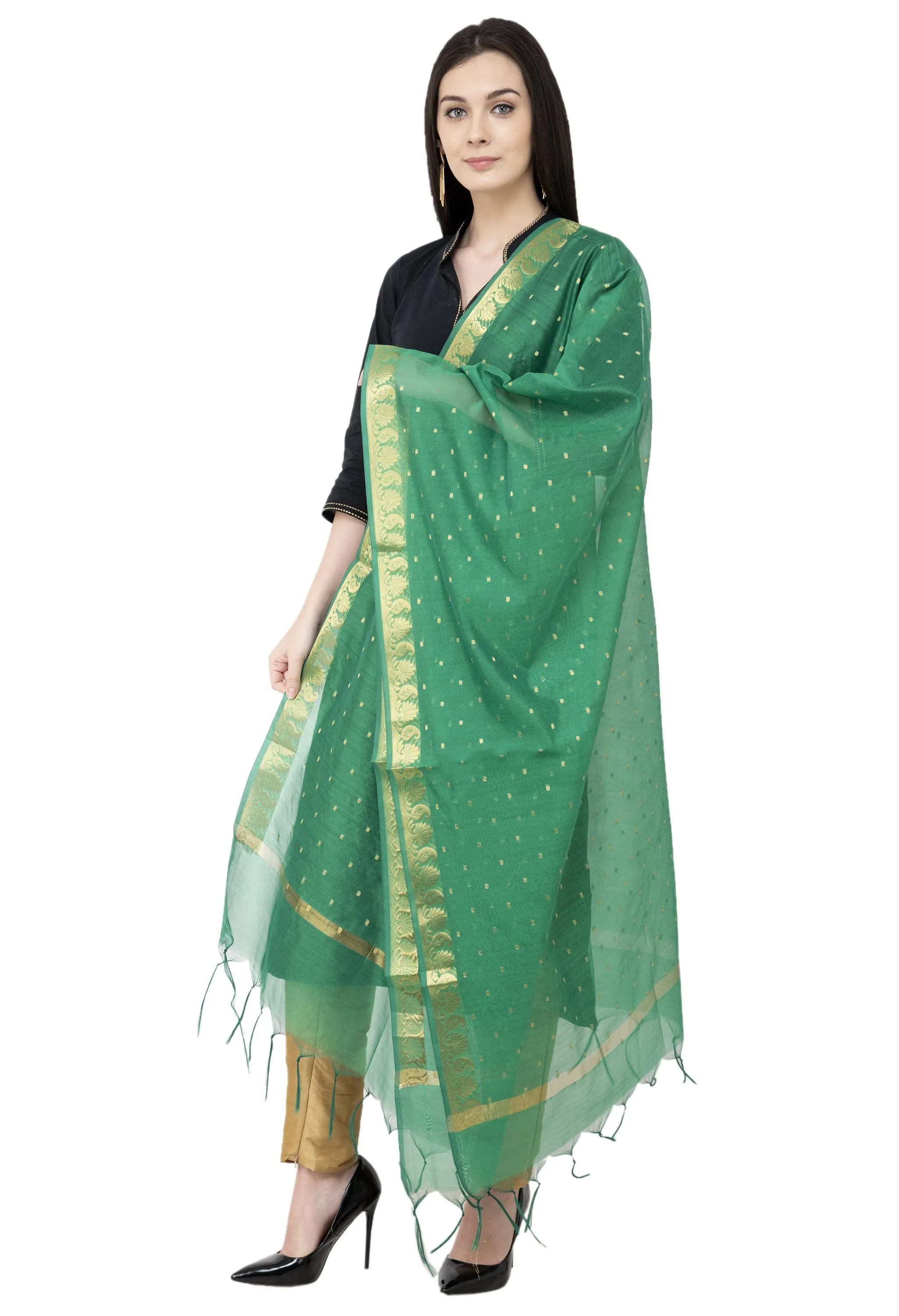 A R SILK VNS Border Buti Fancy Dupatta Green Color Dupatta or Chunni