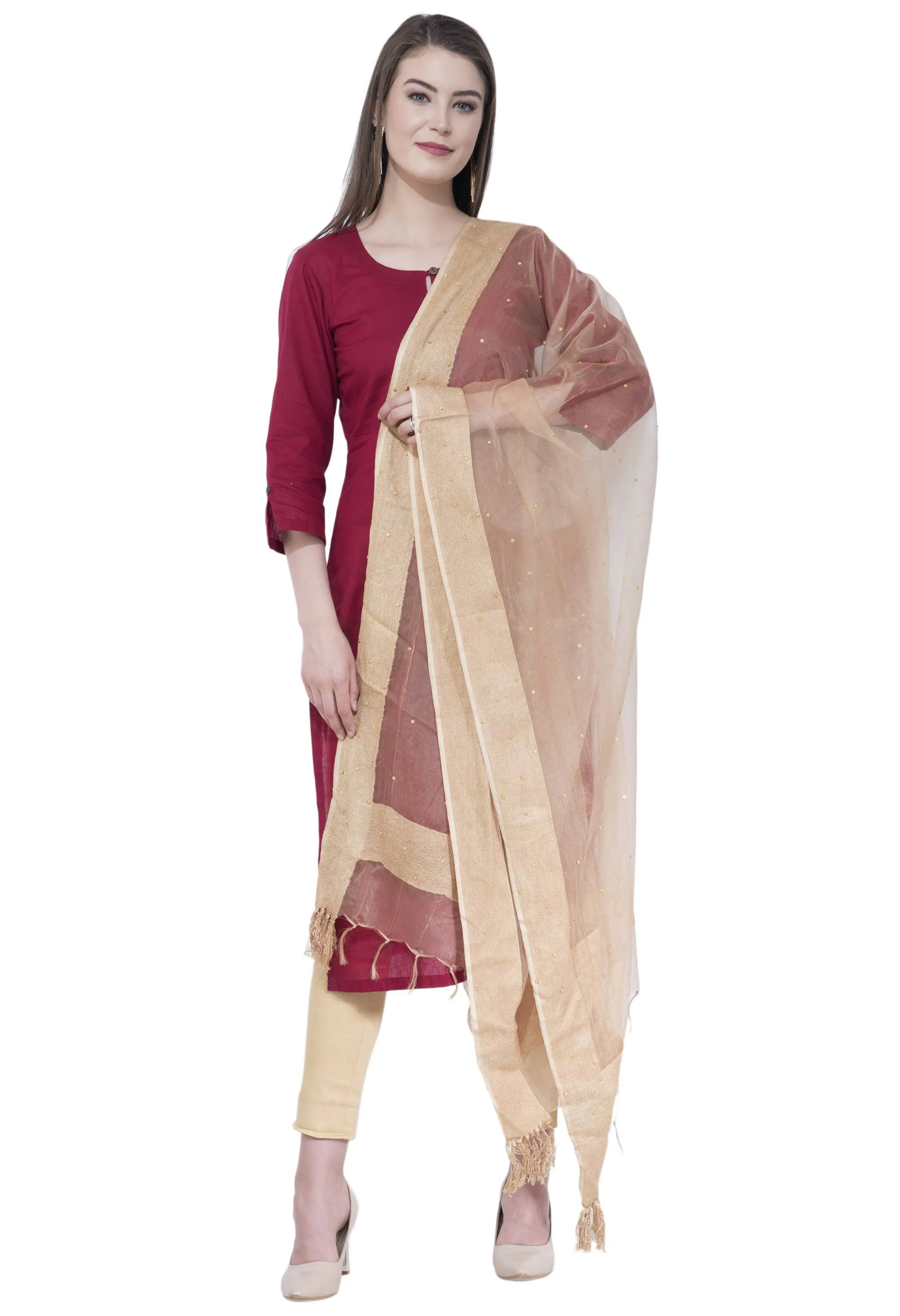 A R Silk Women's Stone Work Orgenza Cotton Golden Dupattas and Chunnis