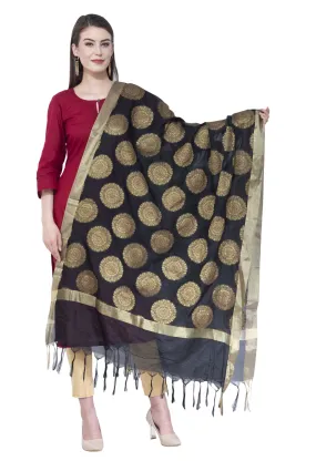 A R Silk Women's Zari Embroidery Vanarsi Silk Black Dupattas and Chunnis