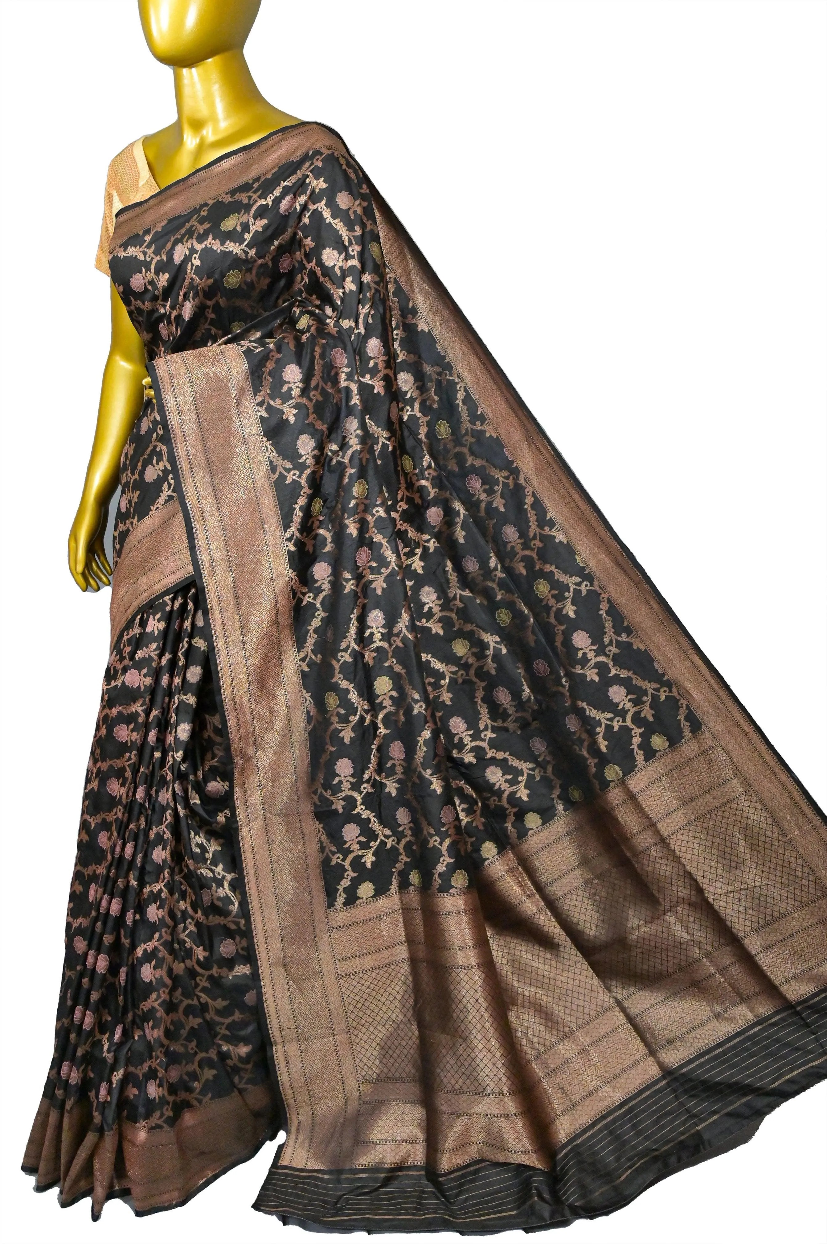 Aegean Black Color Katan Banarasi Saree with Jaal Zari Work