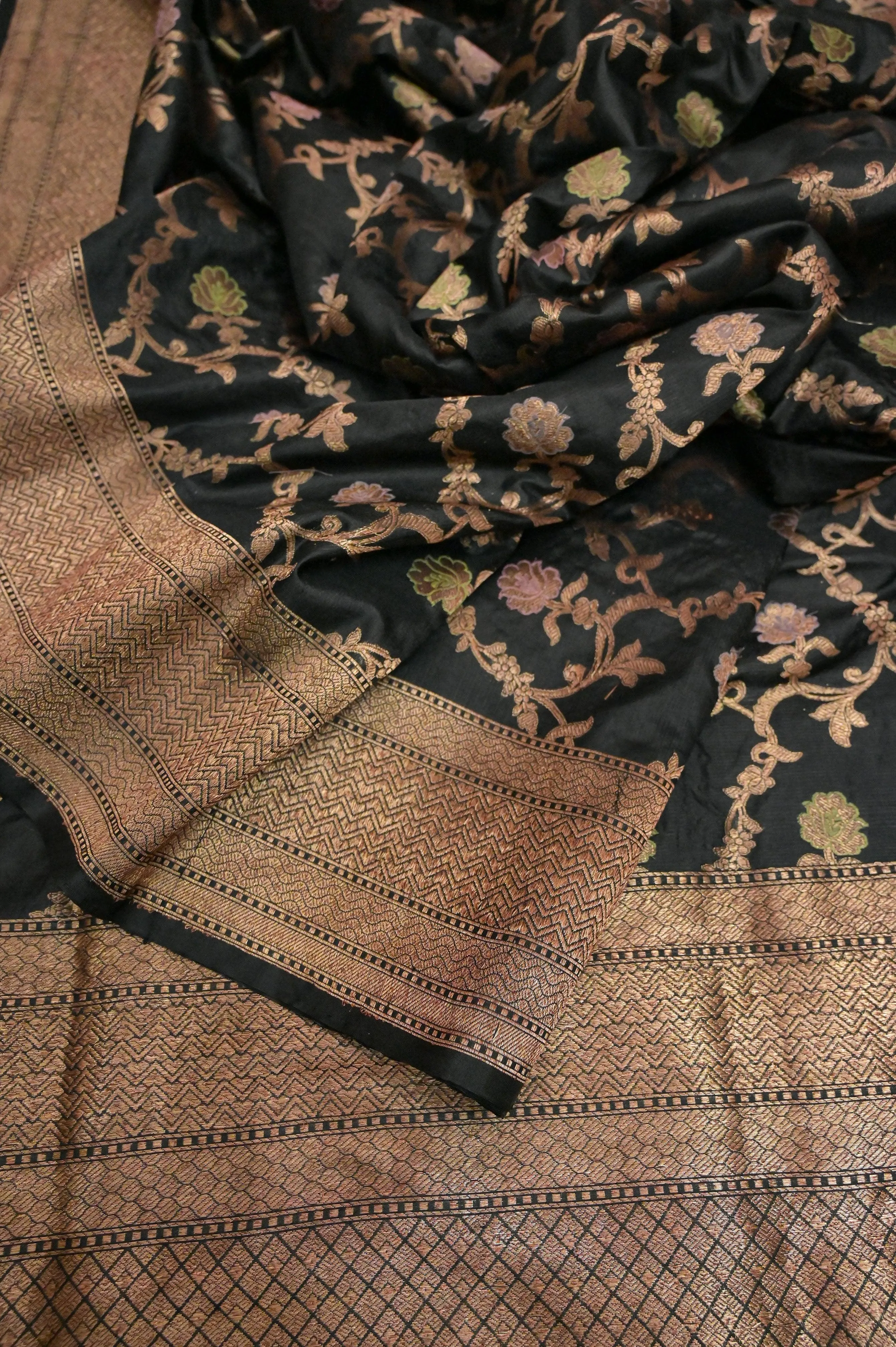 Aegean Black Color Katan Banarasi Saree with Jaal Zari Work