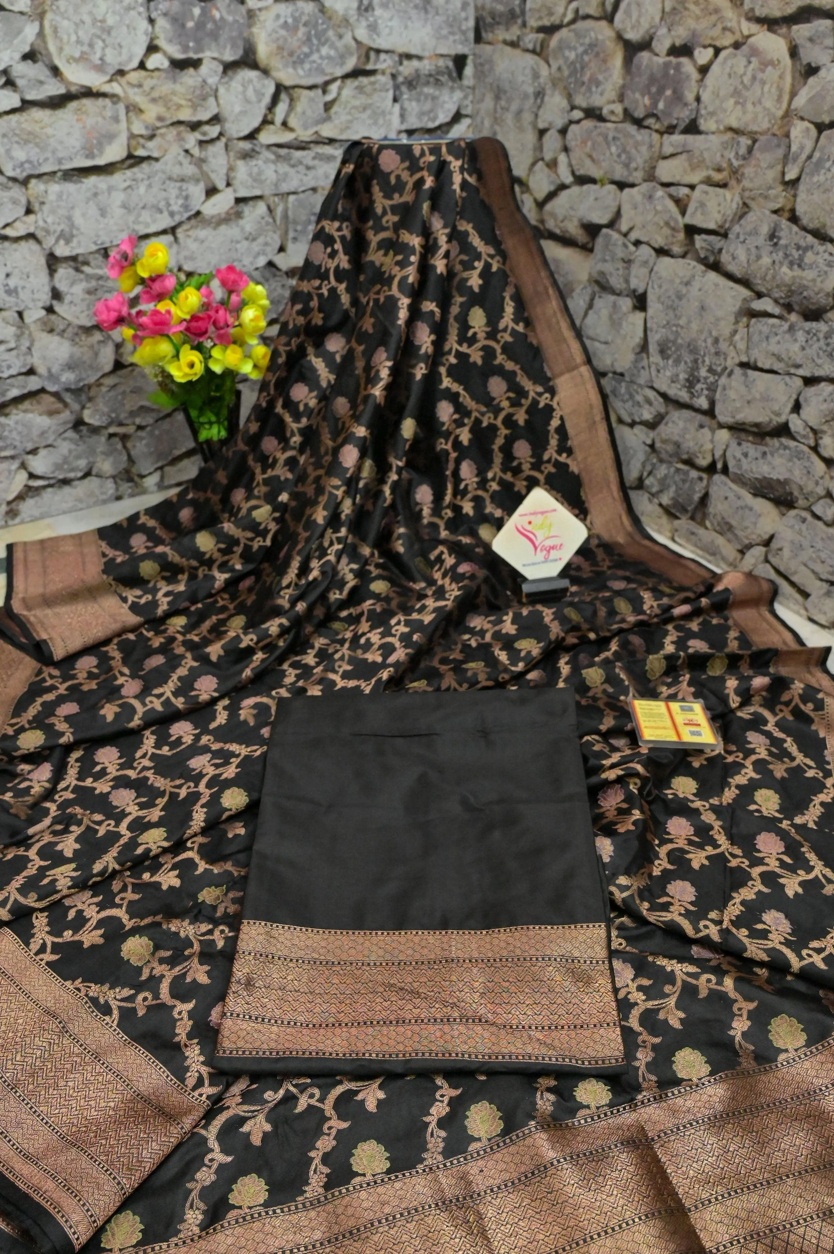 Aegean Black Color Katan Banarasi Saree with Jaal Zari Work