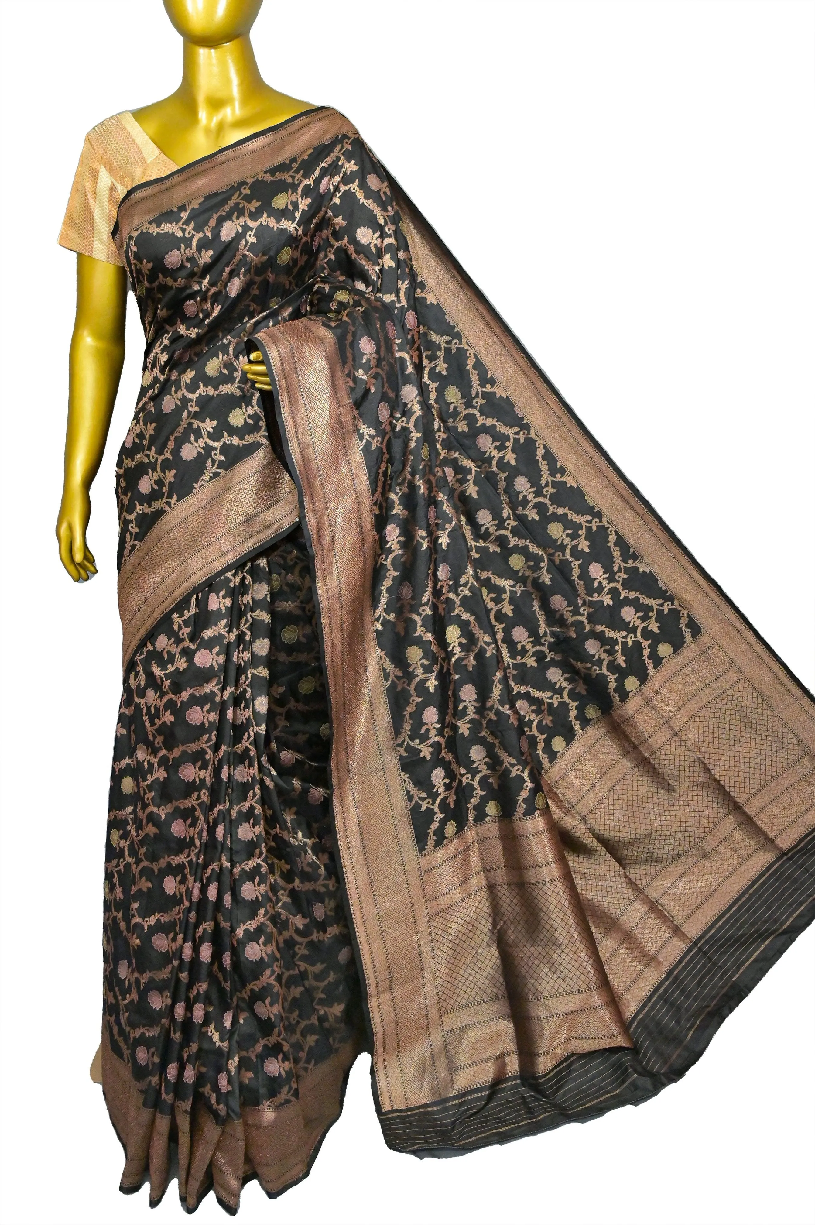 Aegean Black Color Katan Banarasi Saree with Jaal Zari Work