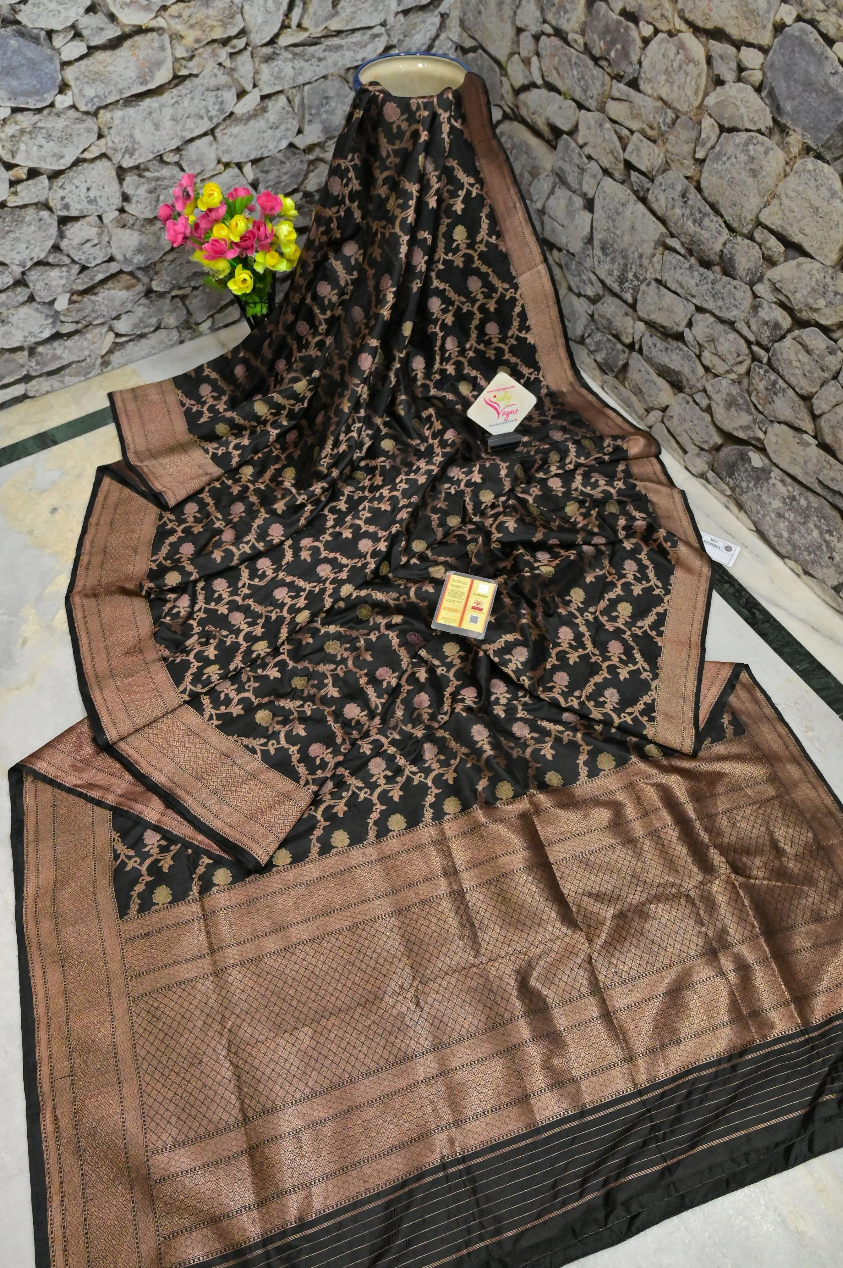 Aegean Black Color Katan Banarasi Saree with Jaal Zari Work