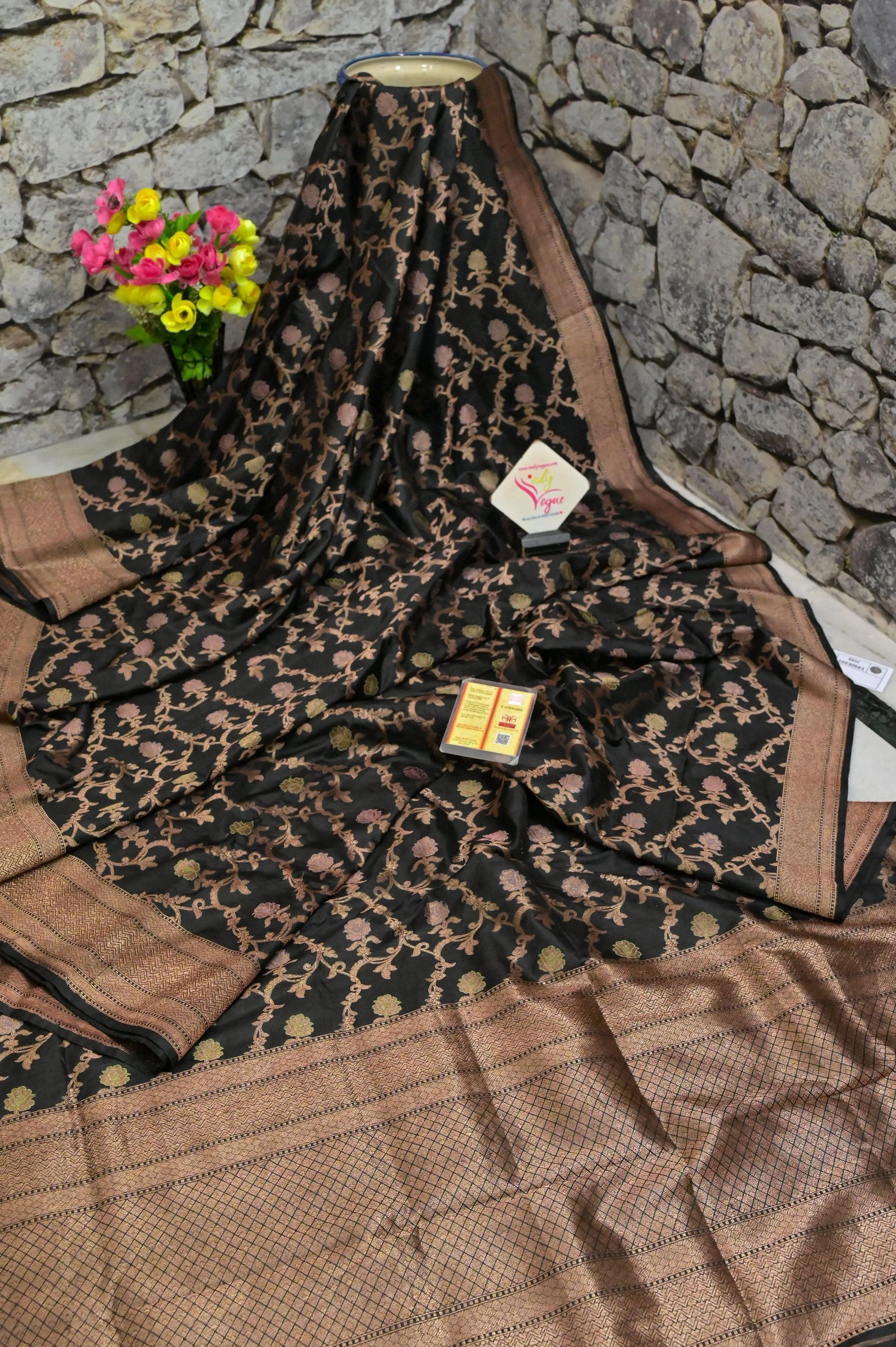 Aegean Black Color Katan Banarasi Saree with Jaal Zari Work