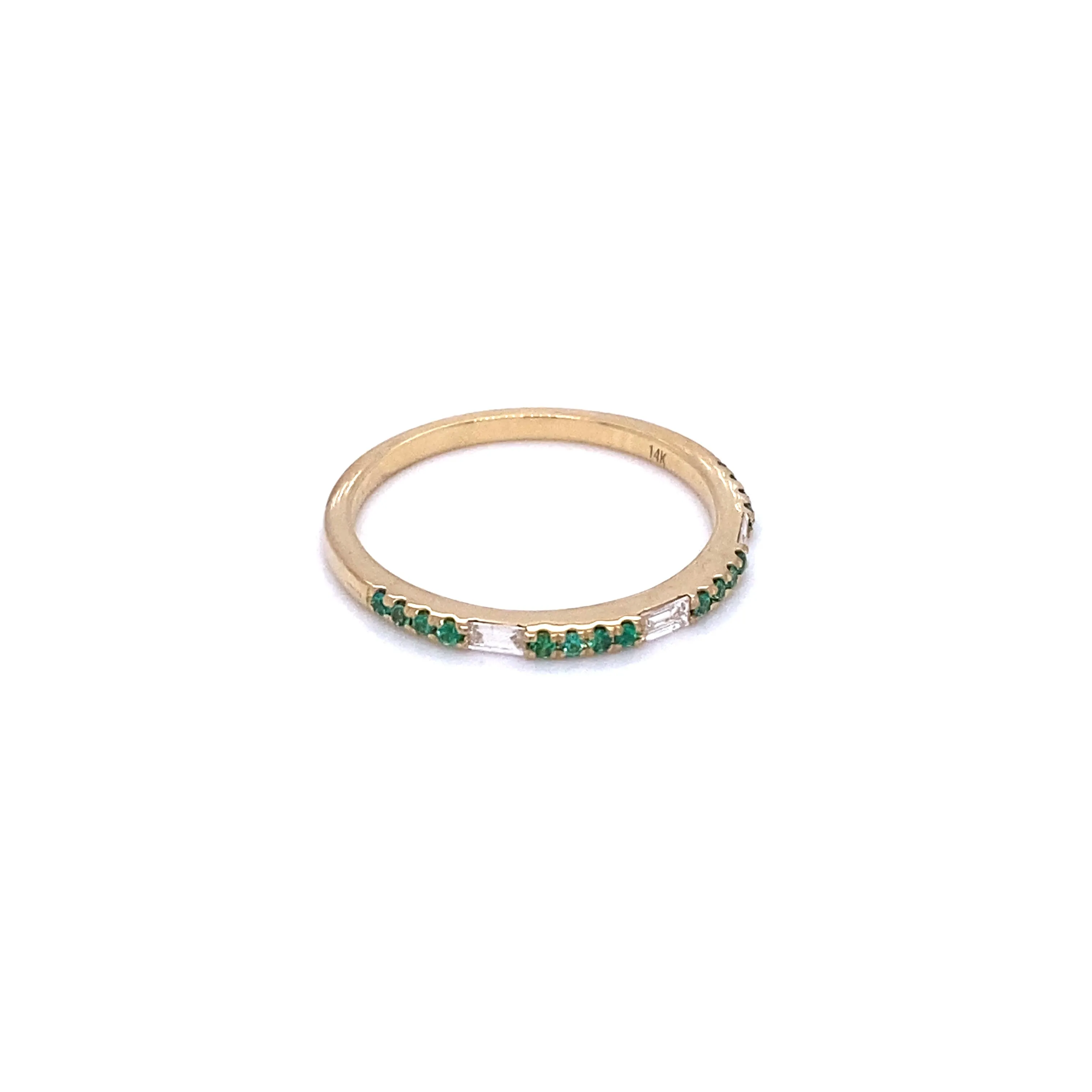 Alternating Emerald and Baguette Diamond Stacker Yellow Gold Band