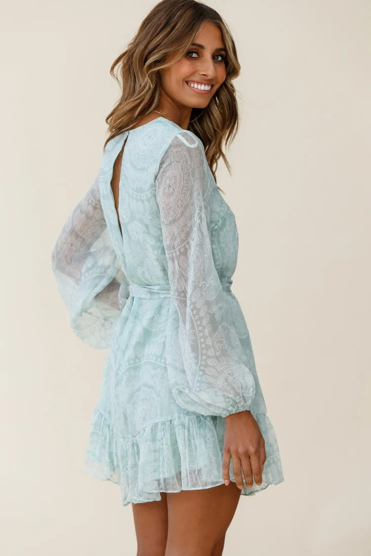 Always & Forever Long Balloon Sleeve Crew Neck Dress Paisley Print Mint