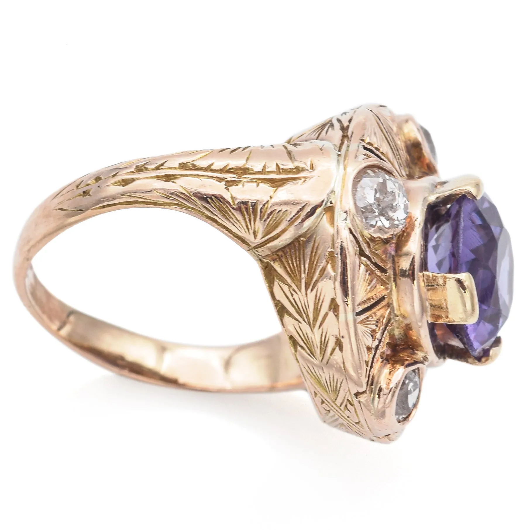 Antique 14K Yellow Gold Lab Purple Sapphire & 0.68 TCW Diamond Ring Size 4