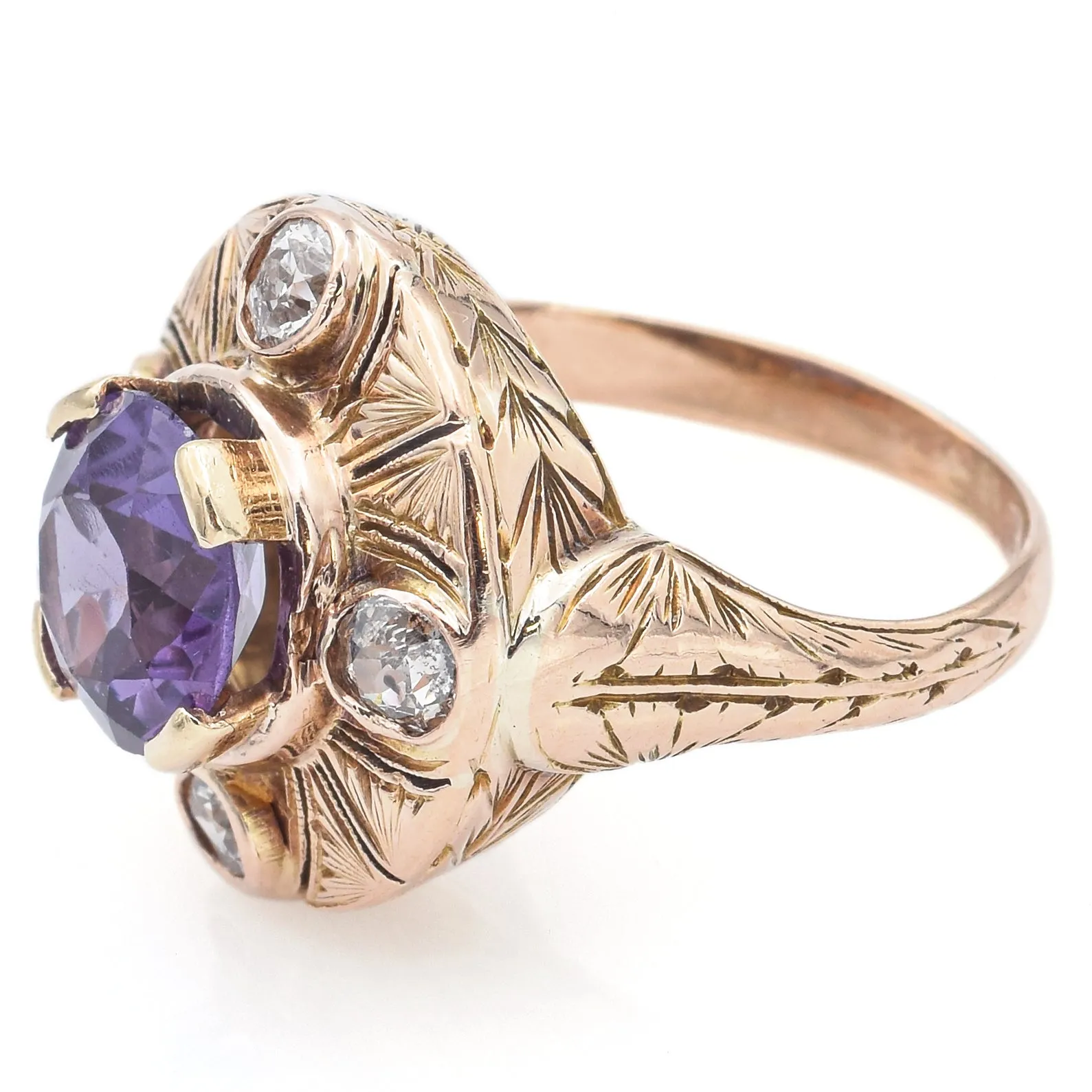 Antique 14K Yellow Gold Lab Purple Sapphire & 0.68 TCW Diamond Ring Size 4