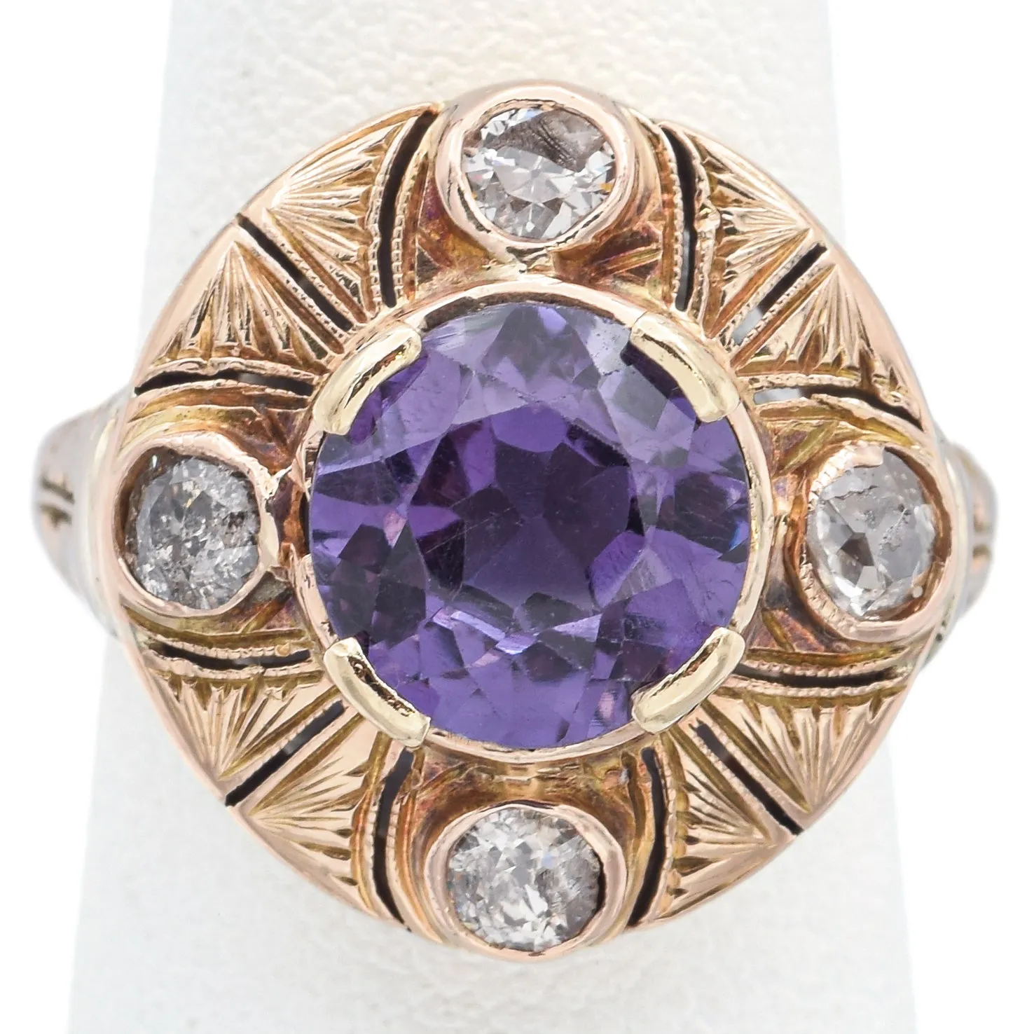 Antique 14K Yellow Gold Lab Purple Sapphire & 0.68 TCW Diamond Ring Size 4