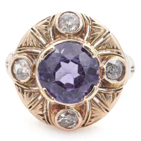 Antique 14K Yellow Gold Lab Purple Sapphire & 0.68 TCW Diamond Ring Size 4