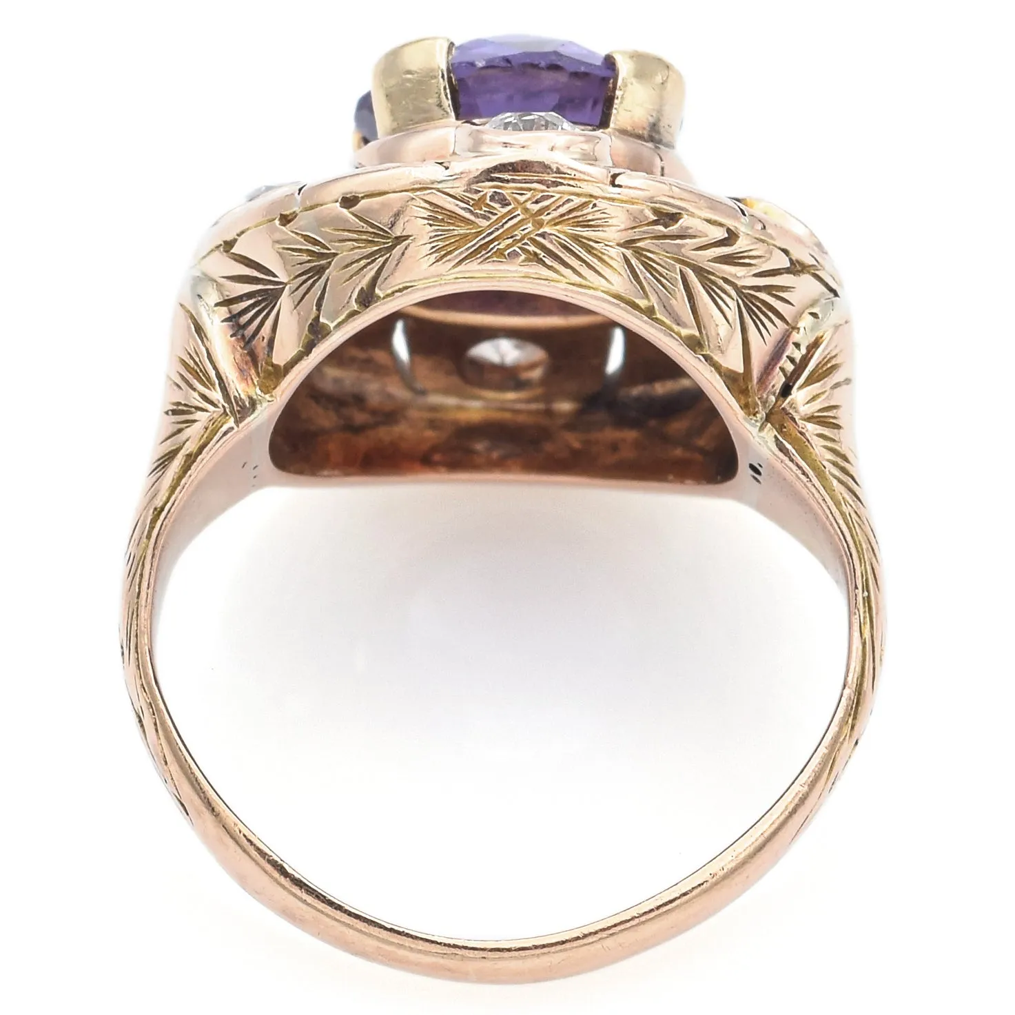 Antique 14K Yellow Gold Lab Purple Sapphire & 0.68 TCW Diamond Ring Size 4