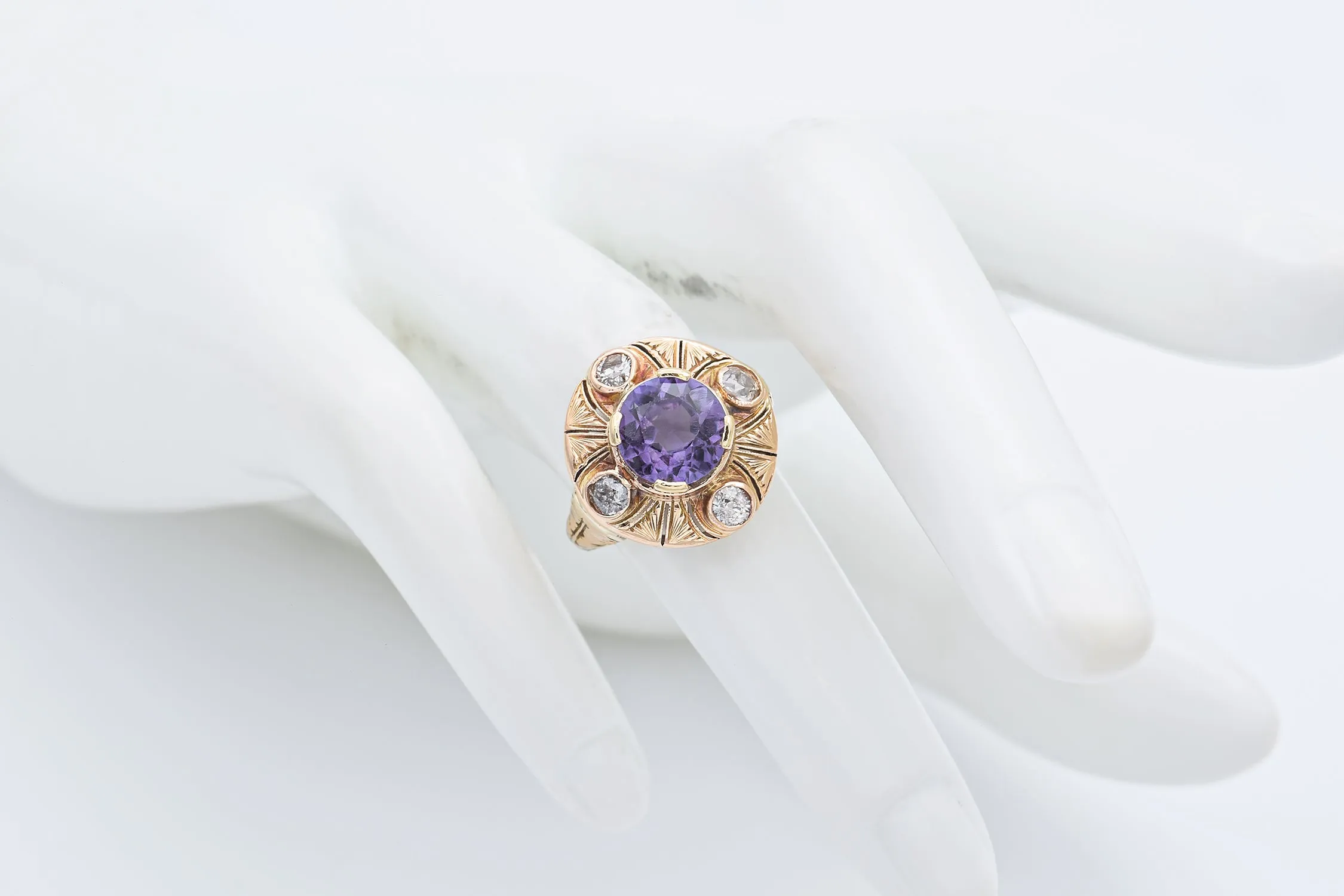 Antique 14K Yellow Gold Lab Purple Sapphire & 0.68 TCW Diamond Ring Size 4