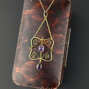 Antique Art Nouveau Gold Amethyst Lavaliere Pendant Necklace