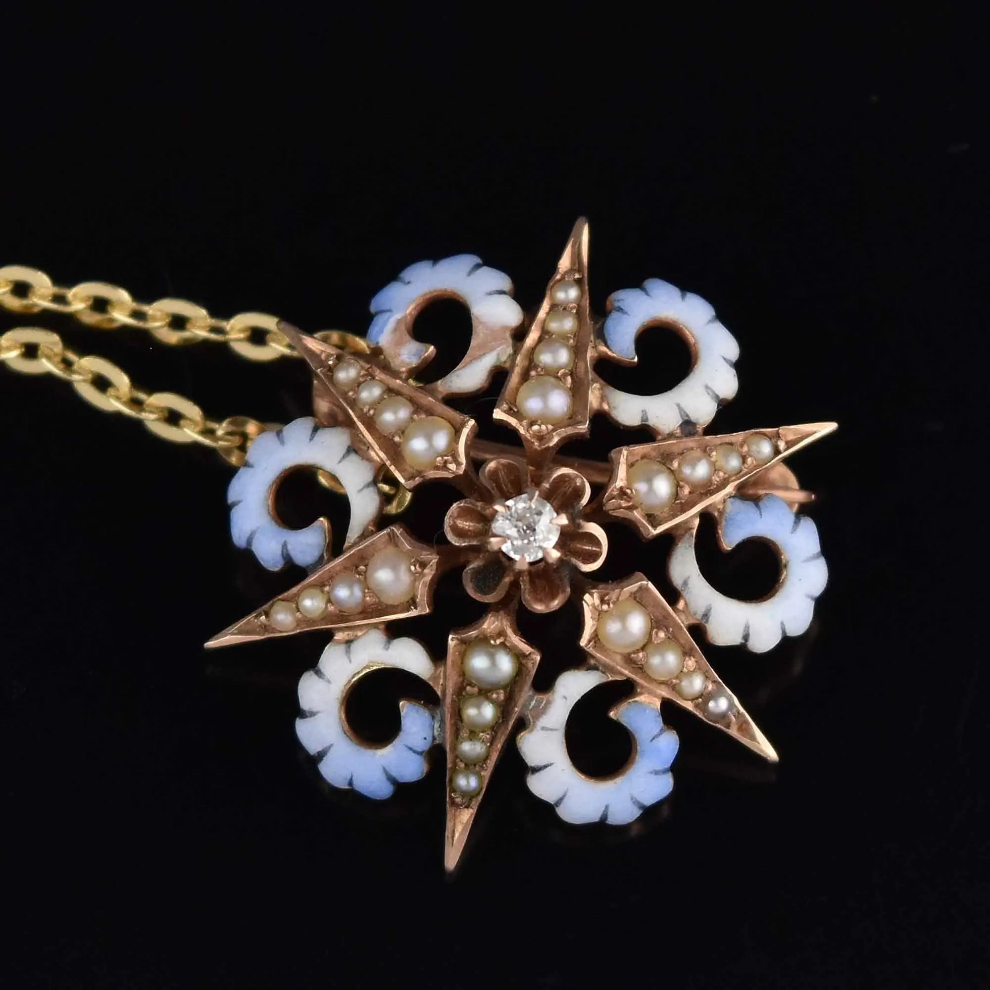 Antique Enamel Pearl Star Brooch Pendant 14K Gold