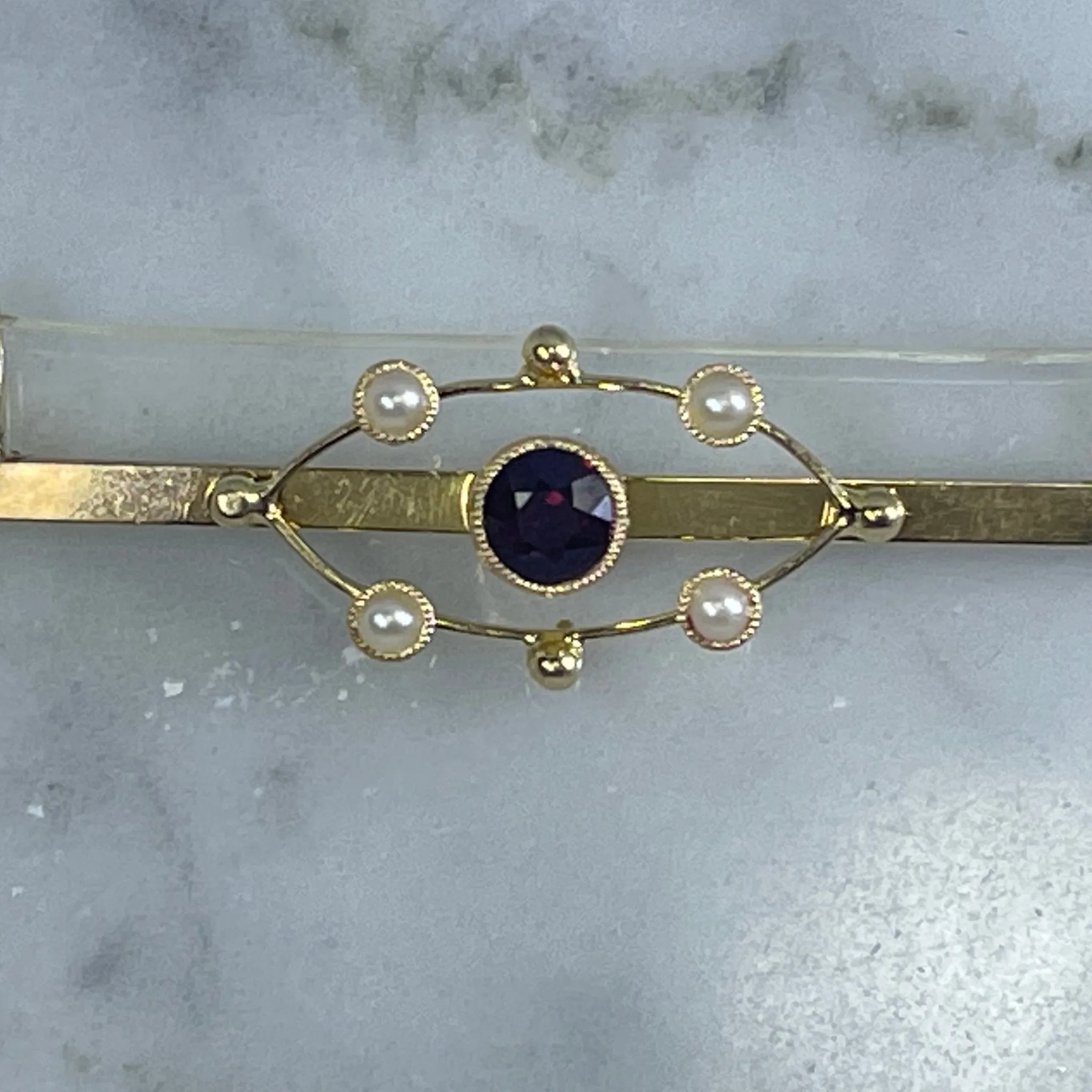 Antique Garnet Seed Pearl Bar Pendant in 15K Yellow Gold. Upcycled Repurposed Brooch. Estate Jewelry