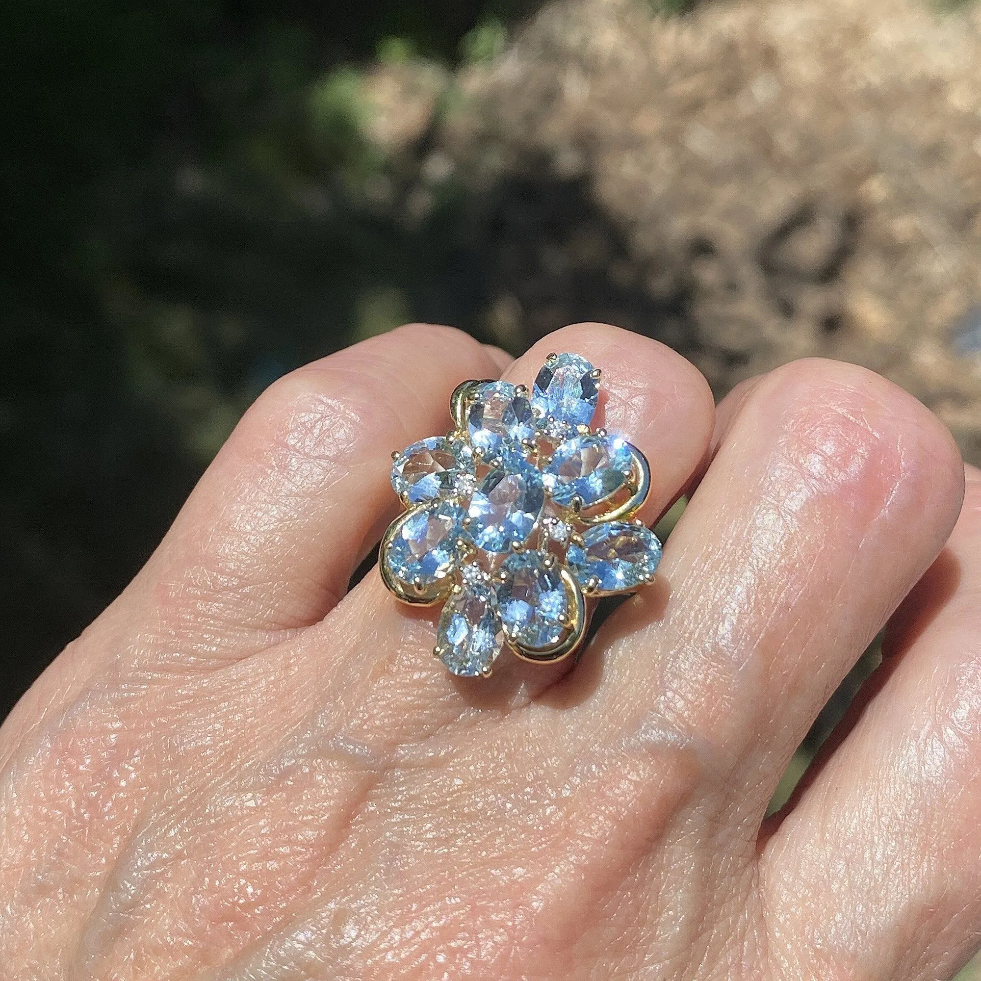 Aquamarine and Diamond 14K Gold Cluster Ring