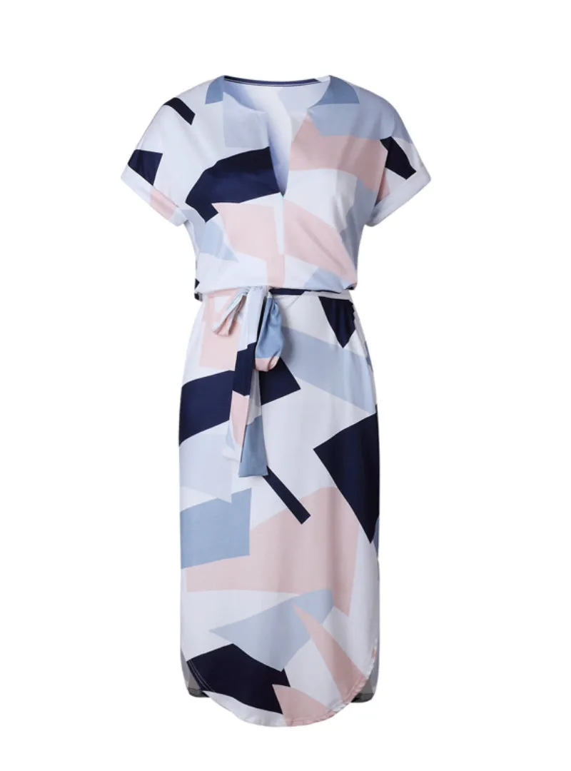 Asymmetrical Geometric Printing Short Sash Knee-Length Dress