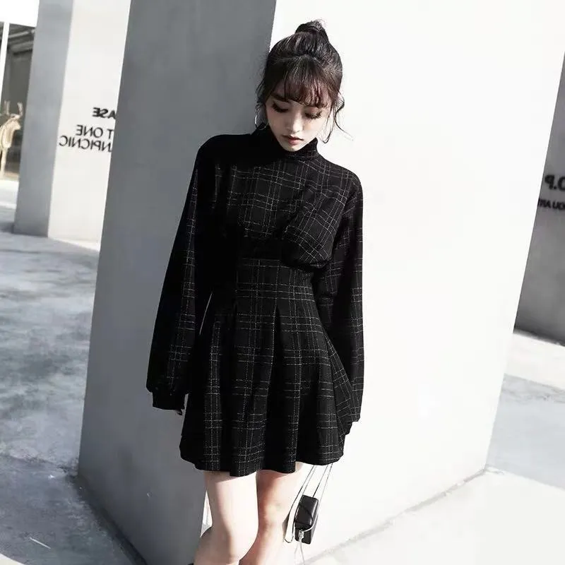 AUTUMU NEW CHEQUER WAIST-TIED LONG-SLEEVE DRESS BY71117