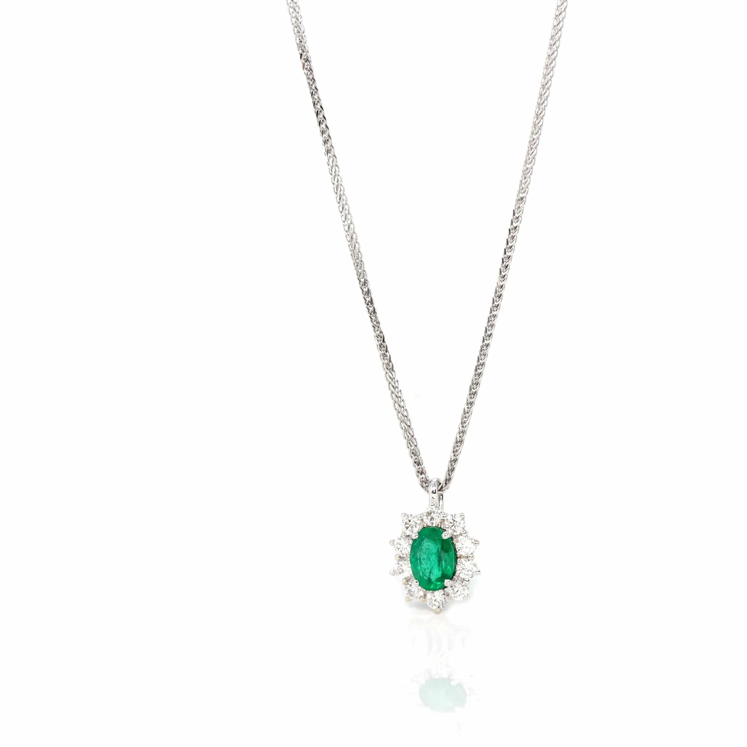 Baikalla? 18k White Gold AAA Emerald Round 4 Prong Set Necklace With Diamond