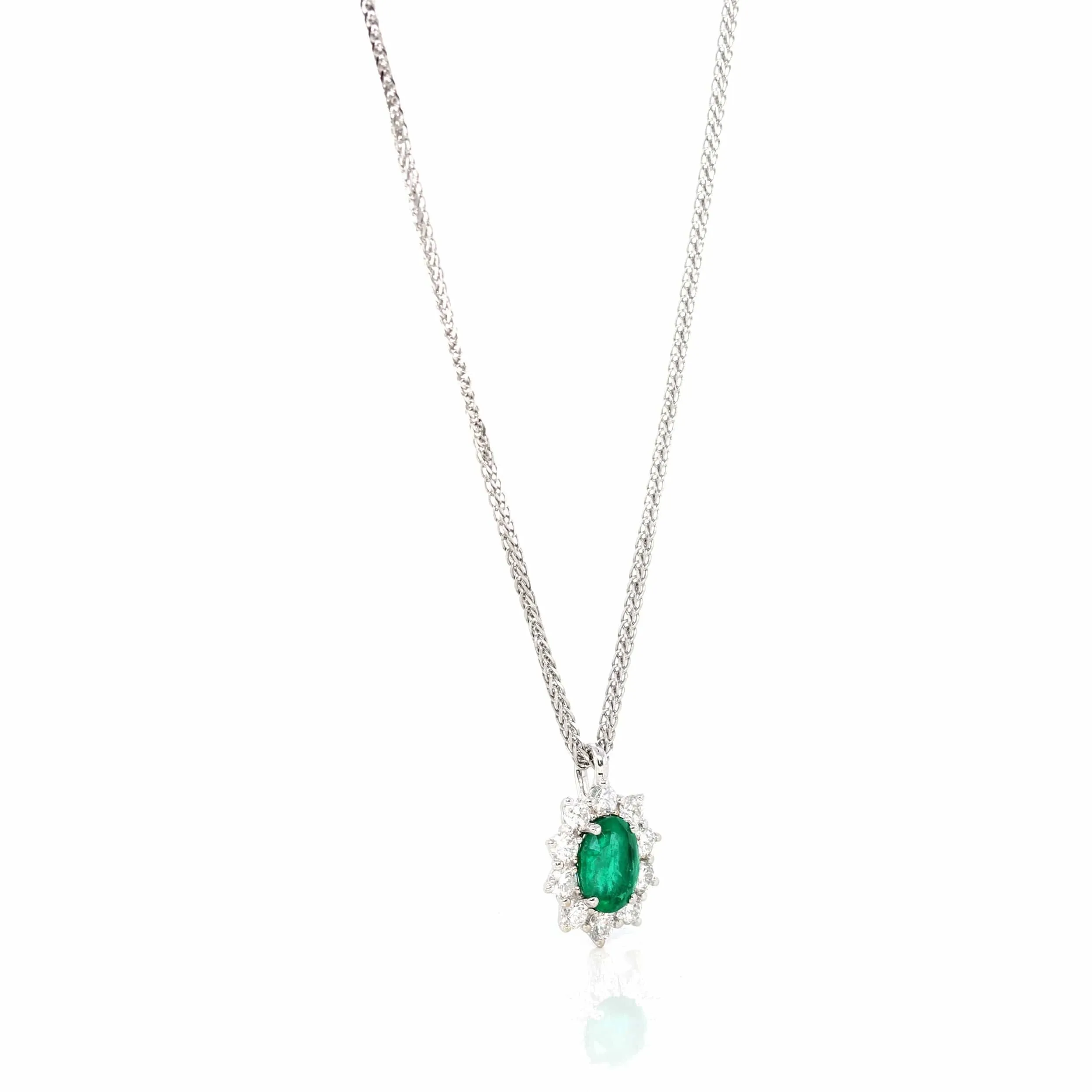 Baikalla? 18k White Gold AAA Emerald Round 4 Prong Set Necklace With Diamond