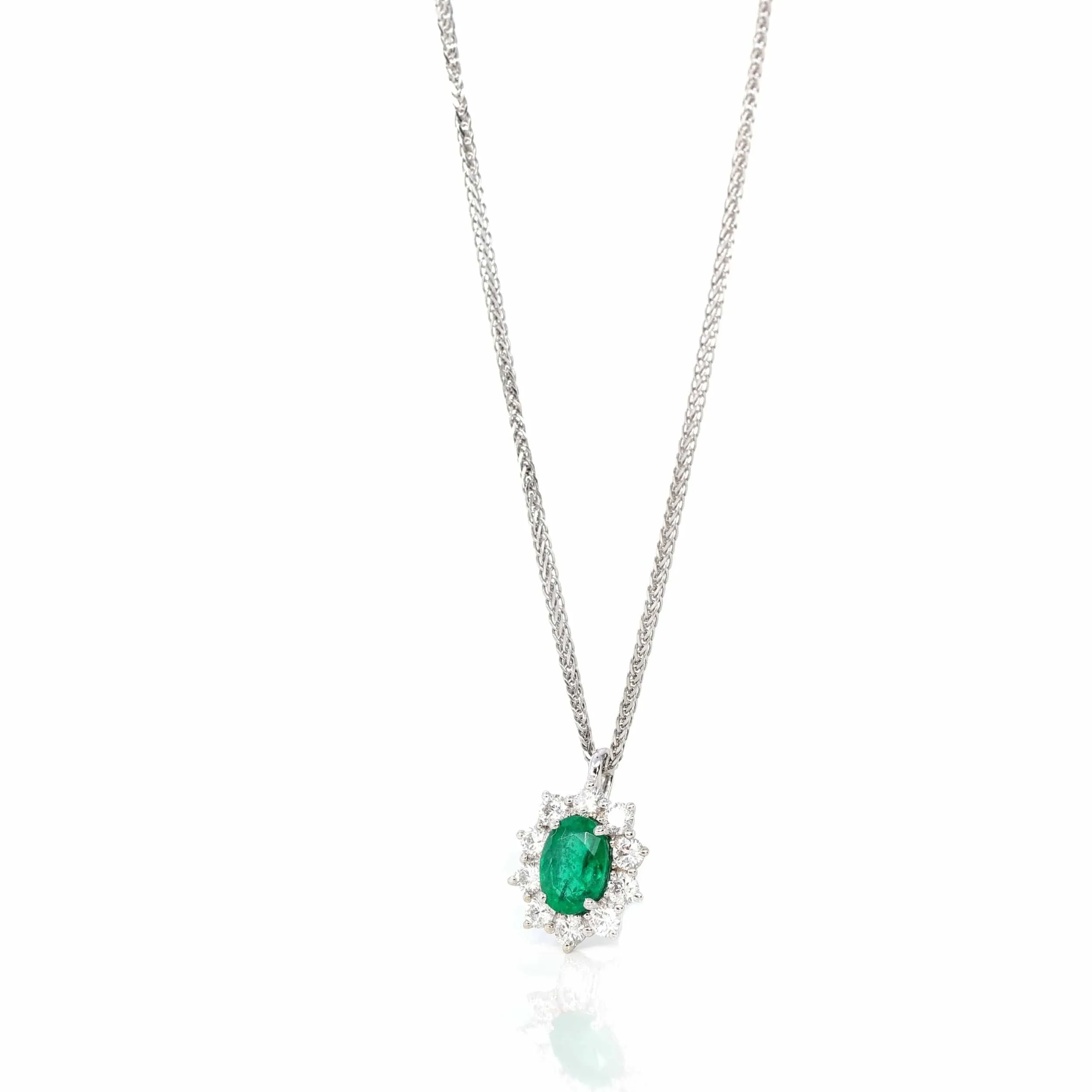 Baikalla? 18k White Gold AAA Emerald Round 4 Prong Set Necklace With Diamond