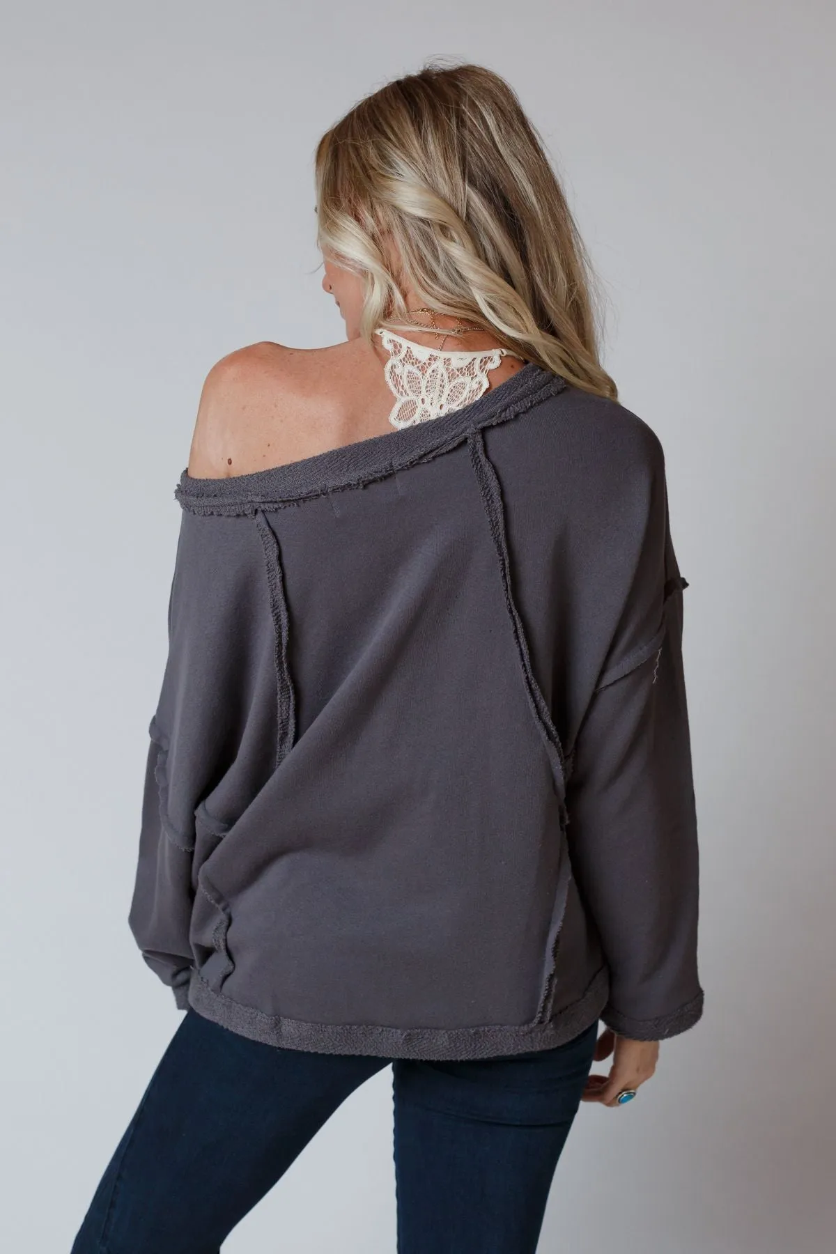 Bailey Oversized Raw Edge Top - Charcoal