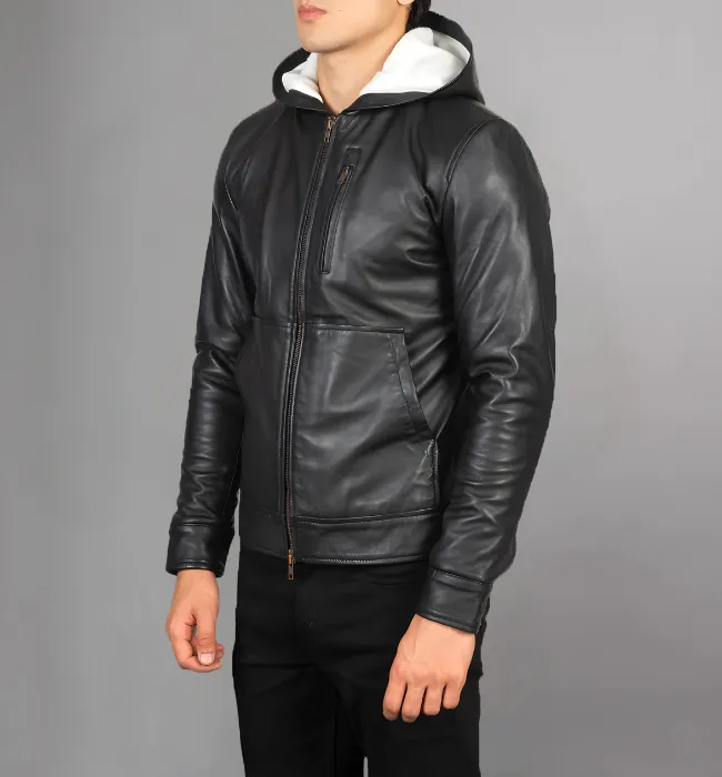 Baston Black Hooded Leather Bomber Jacket